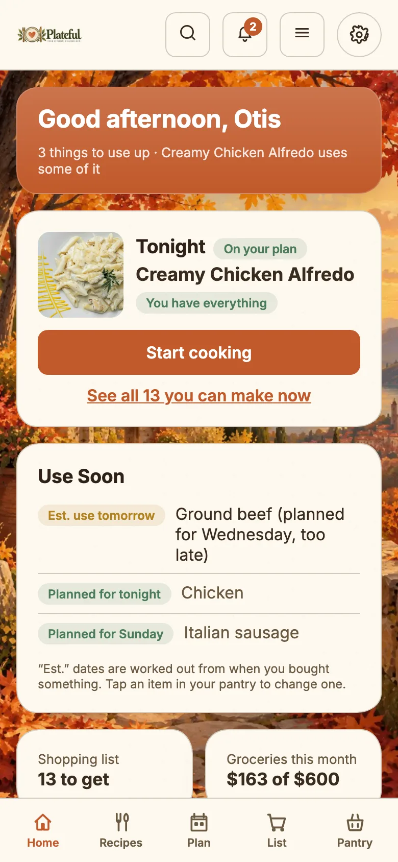 Plateful's home screen: a dinner suggestion for tonight, a list of food to use soon, and the week's shopping and budget